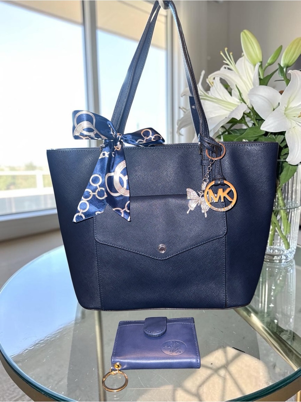 Low start Michael Kors Jet Set Saffiano Leather Navy Tote, scarf, charms, wallet